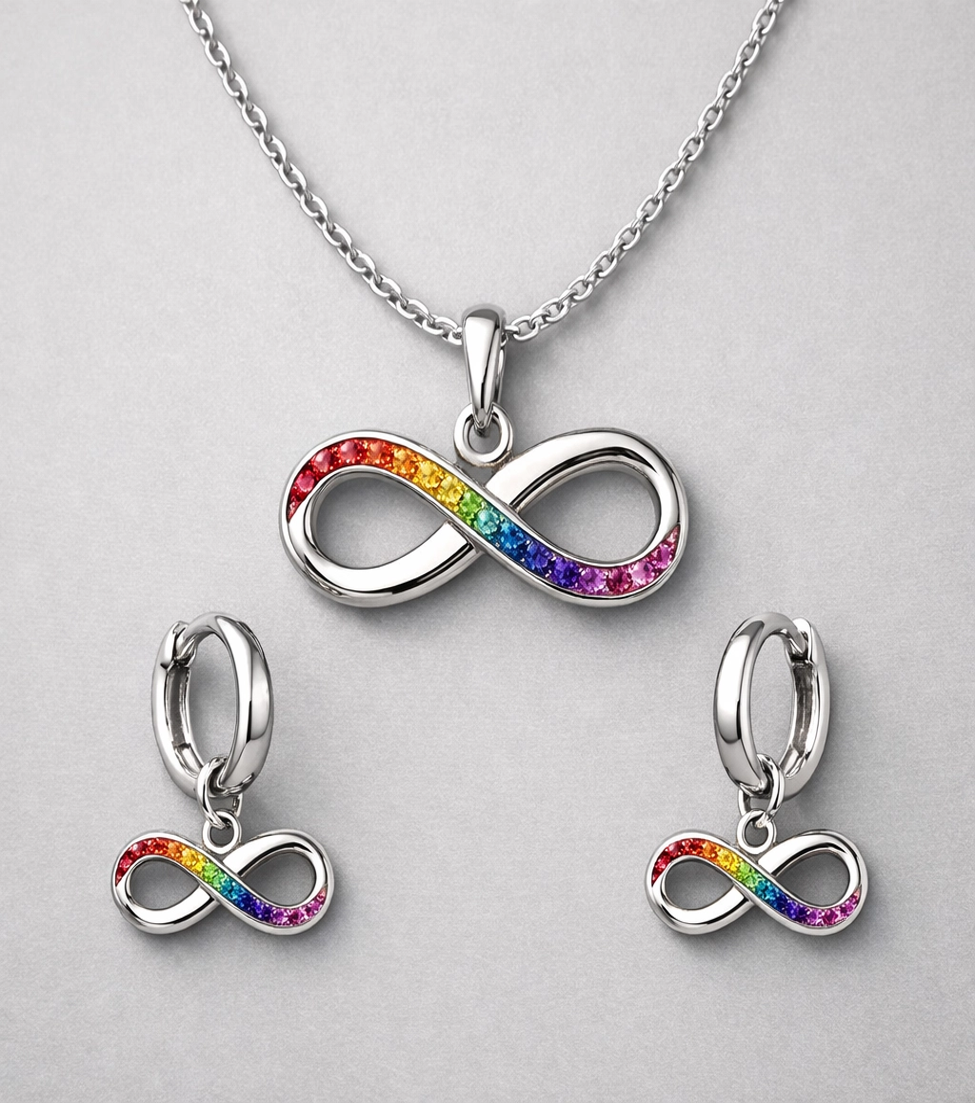 Rainbow Infinity Pendent Necklace and Earrings individual and sets