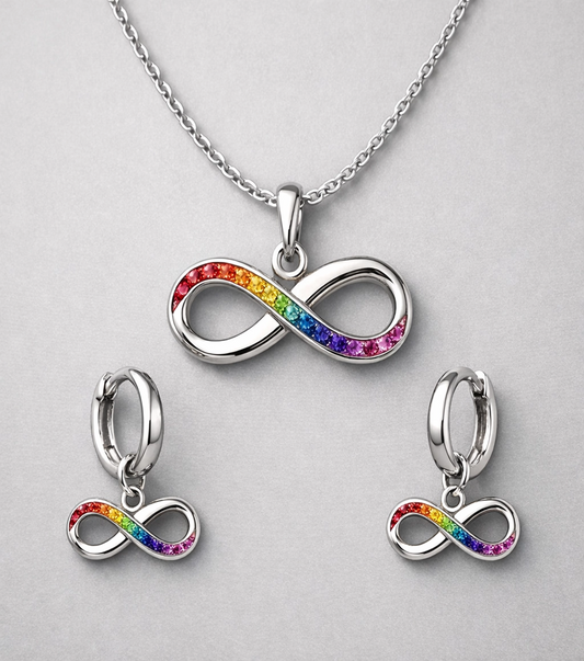 Rainbow Infinity Pendent Necklace and Earrings individual and sets